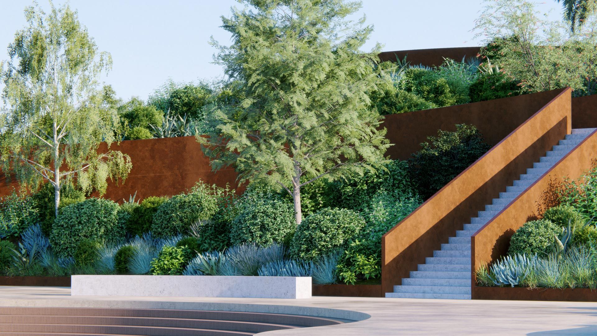 Scalinata in corten tra la vegetazione